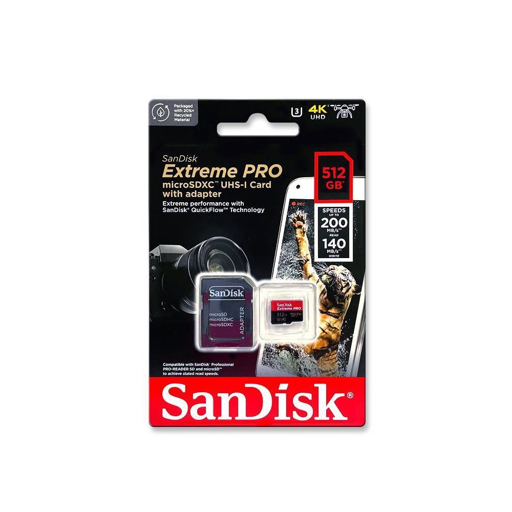 SanDisk 512GB Extreme PRO A2 microSDXC Card UHS-I U3 V30 Read Speed up to  200MB/s for 4K UHD Video (SDSQXCD-512G-GN6MA) 