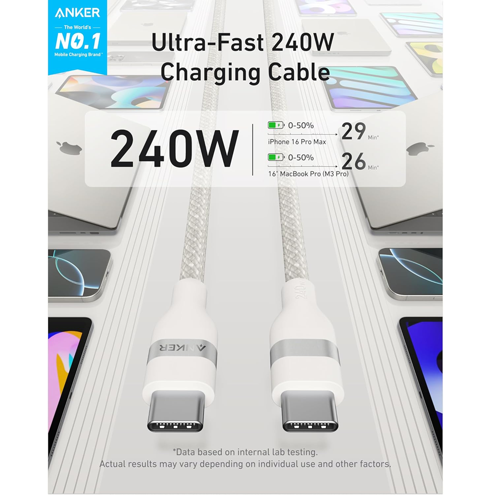 Anker A82E2 USB-C to USB-C Cable 240W - Soft, Durable - 6ft/1.8m, White - A82E2H22 - Image 2