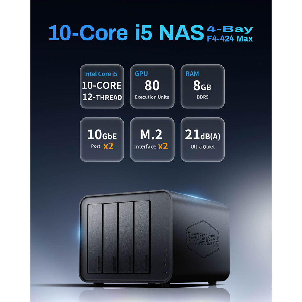 TerraMaster F4424 Max Intel i5-1235U 4-Bay High Performance Hybrid NAS Enclosure Case with RAID, 8GB RAM DDR5, 10Gbps, HDMI Ports - Image 2