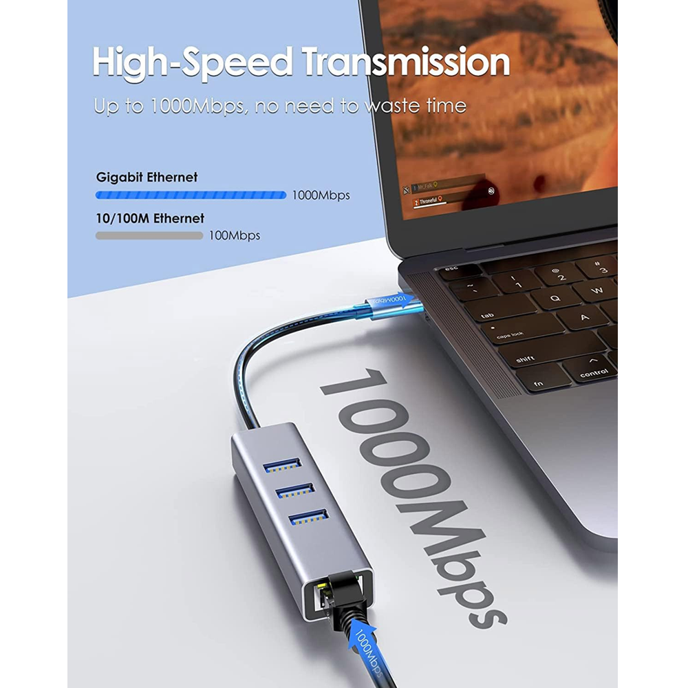 USB-C to RJ45 Gigabit Ethernet Network Adapter with USB 3.0 Hub - Image 2