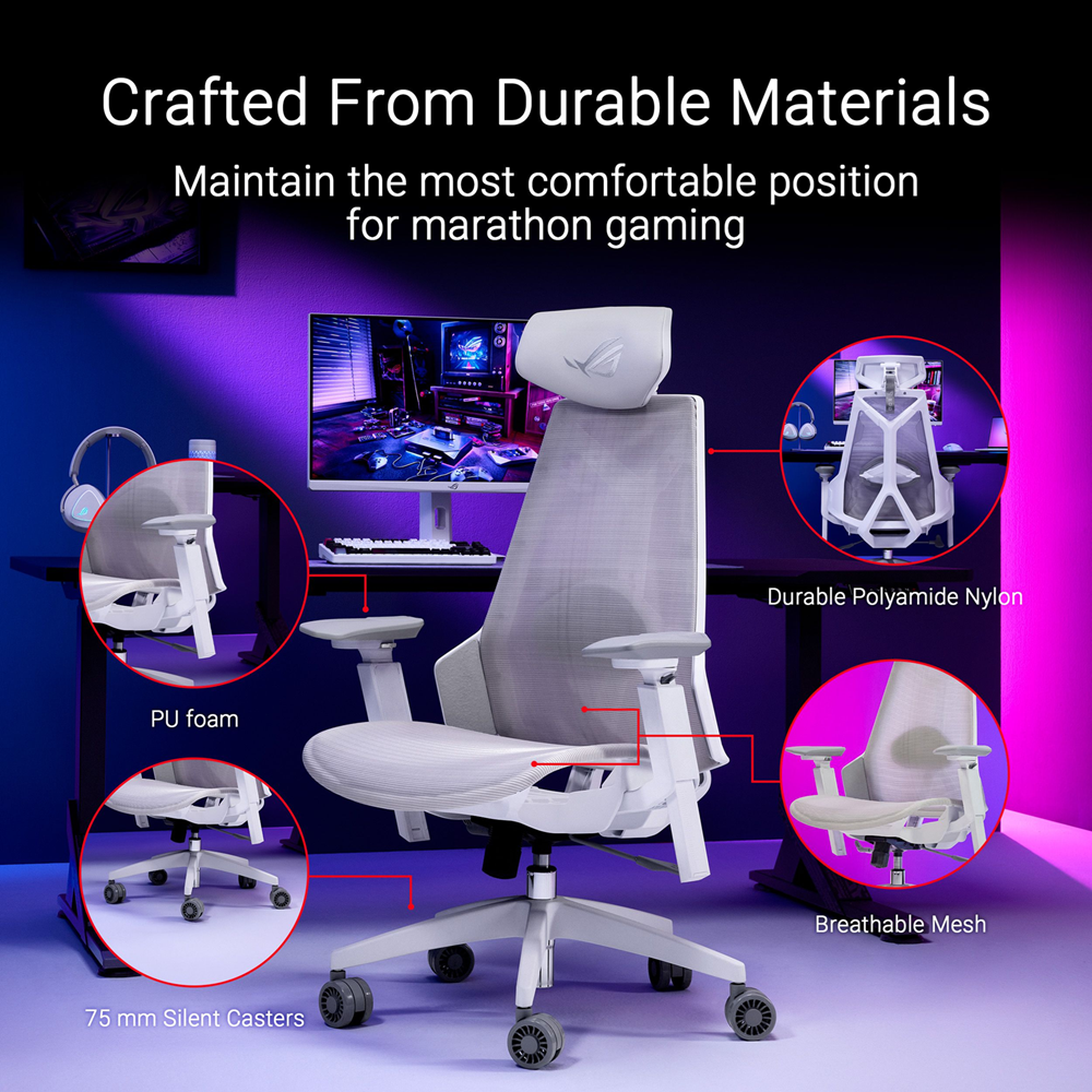 ASUS SL400C ROG Destrier Core Ergo Gaming Chair - Futuristic Cyborg Aesthetic (White) - Image 5