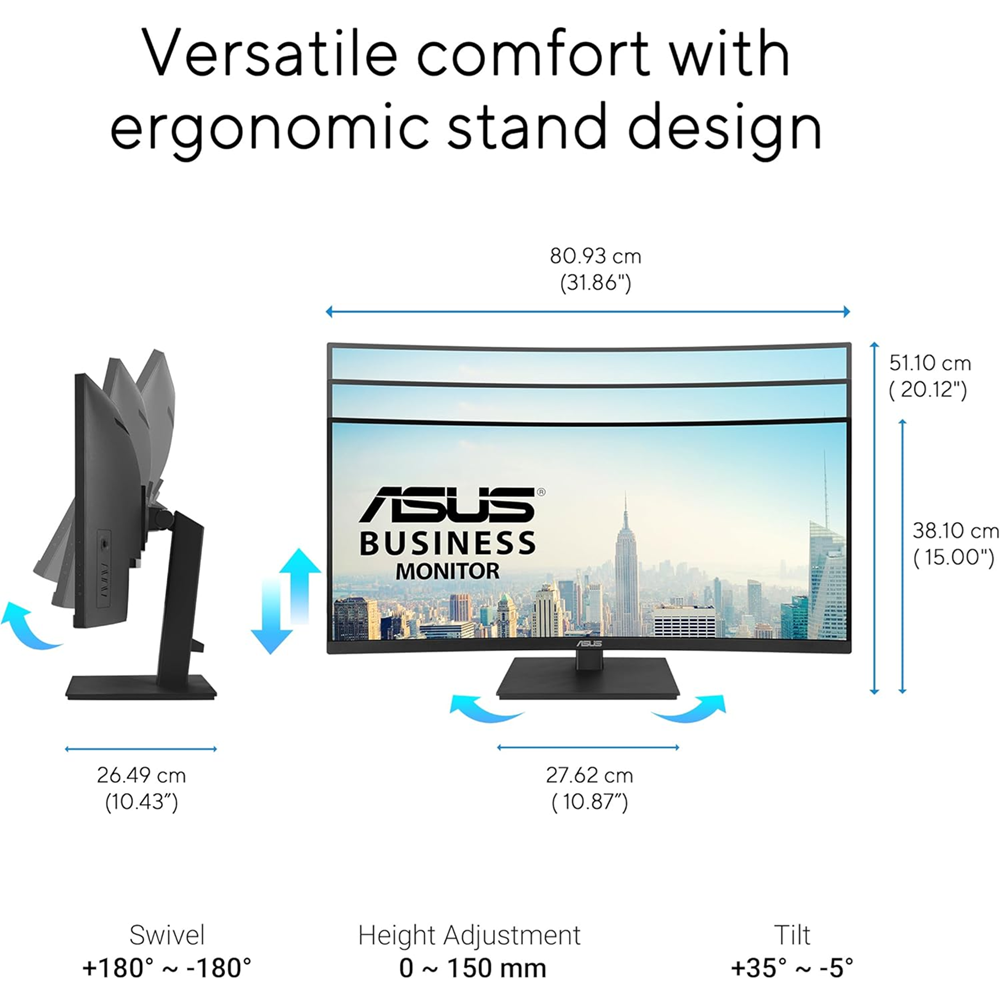 ASUS 34" VA34VCPSR 100Hz Curved WQHD VA HDR Speaker USB-C 96W Docking Monitor - Image 3