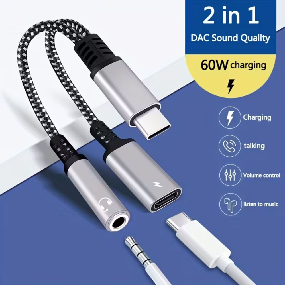 USB-C to 3.5mm Aux Audio Headphone and 60W PD Fast-Charging 2in1 Adapter - Image 2
