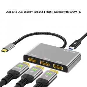 USB-C to 3-Port Hub Dual DisplayPort with 1 HDMI Output, 4K@60Hz, 100W PD, Splitter Adapter