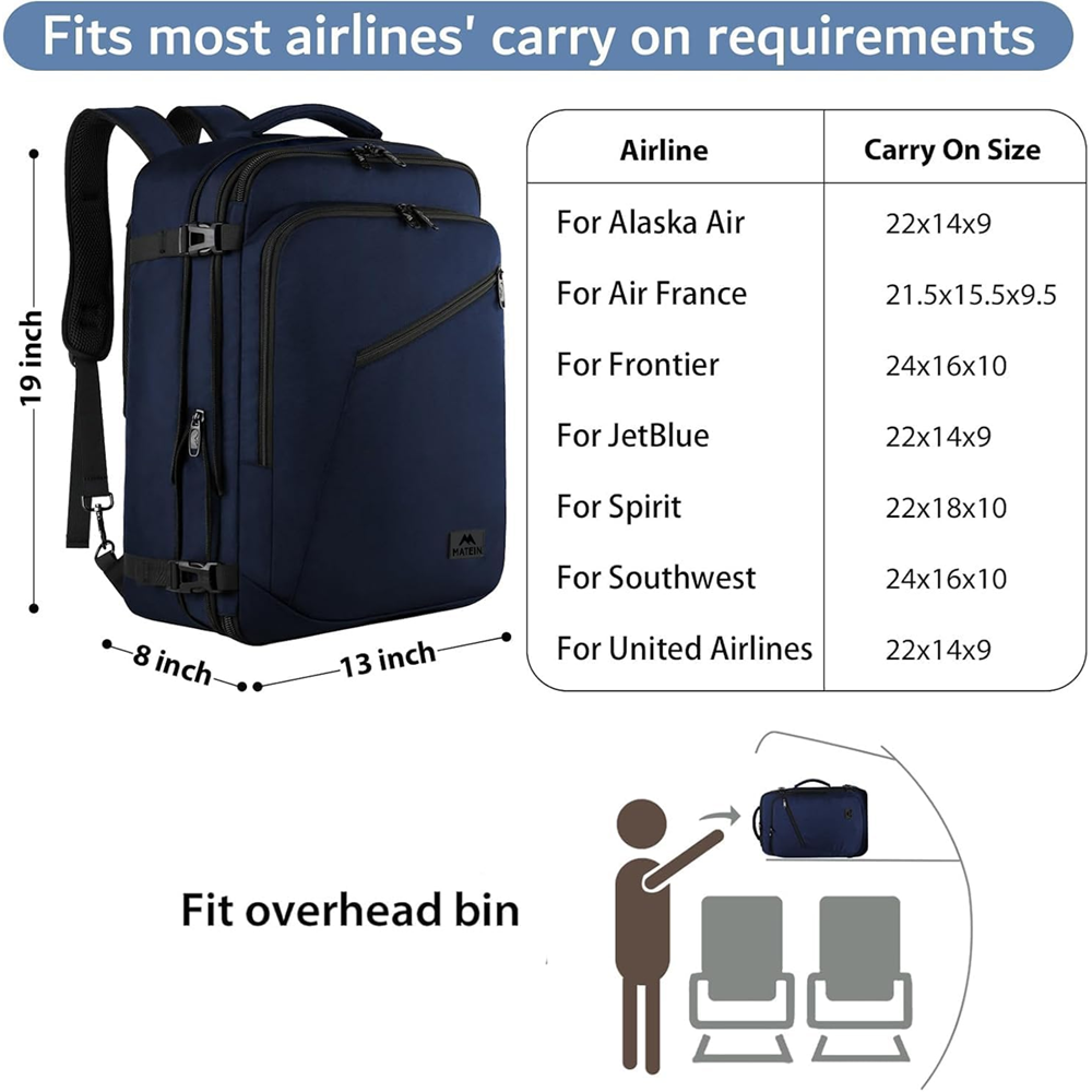 Matein 115900 XL Traveling Suitcase Backpack Laptop Bag X-large 34L Capacity, Blue - Image 9