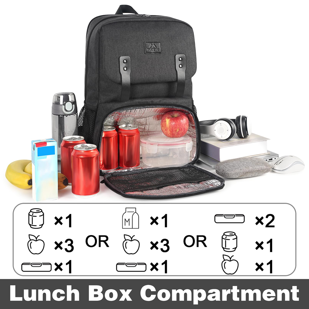 Matein 116100 15.6" Backpack Foldable Lunch Compartment Laptop Bag, Black - Image 6