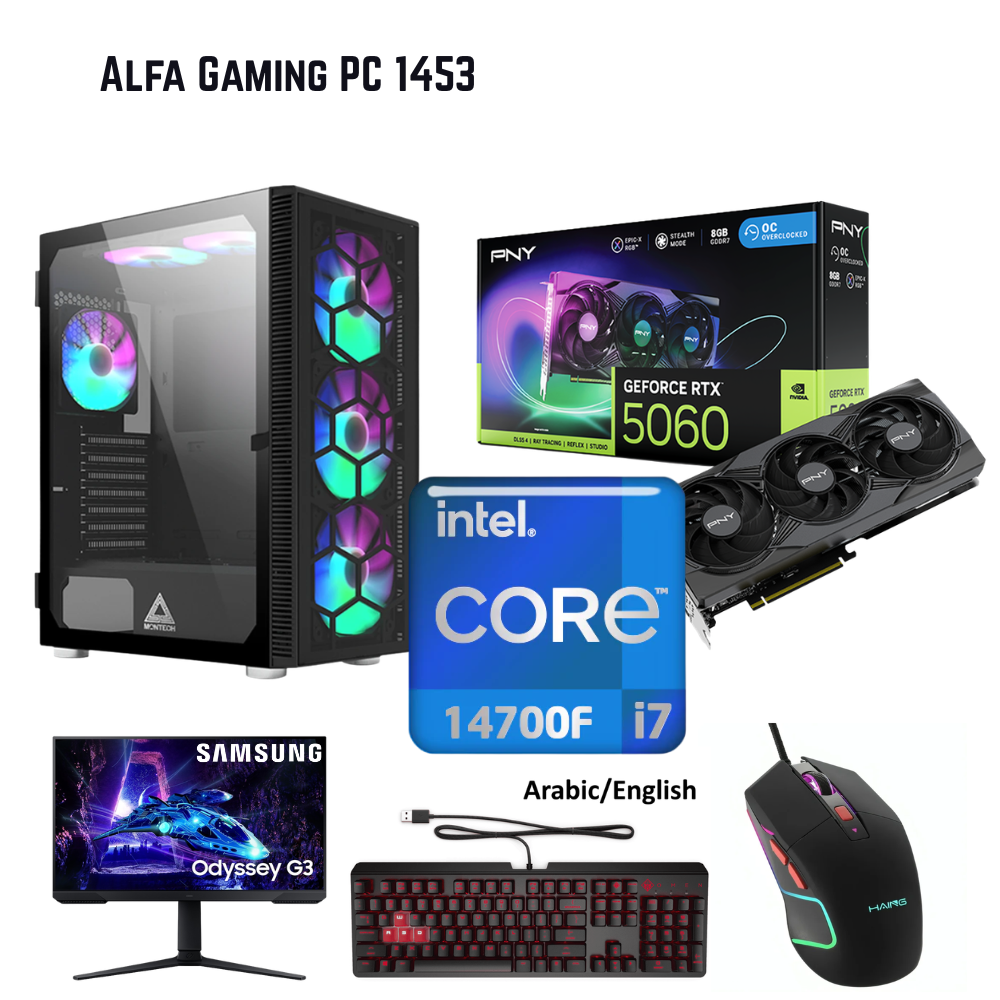Alfa Gaming PC Bundle 1453, Intel i7-14700F, 8GB RTX5060, 16GB, 1TB, Montech X3, W11Pro, SAMSUNG 24″ Odyssey G3, OMEN Encoder Gaming Keyboard
