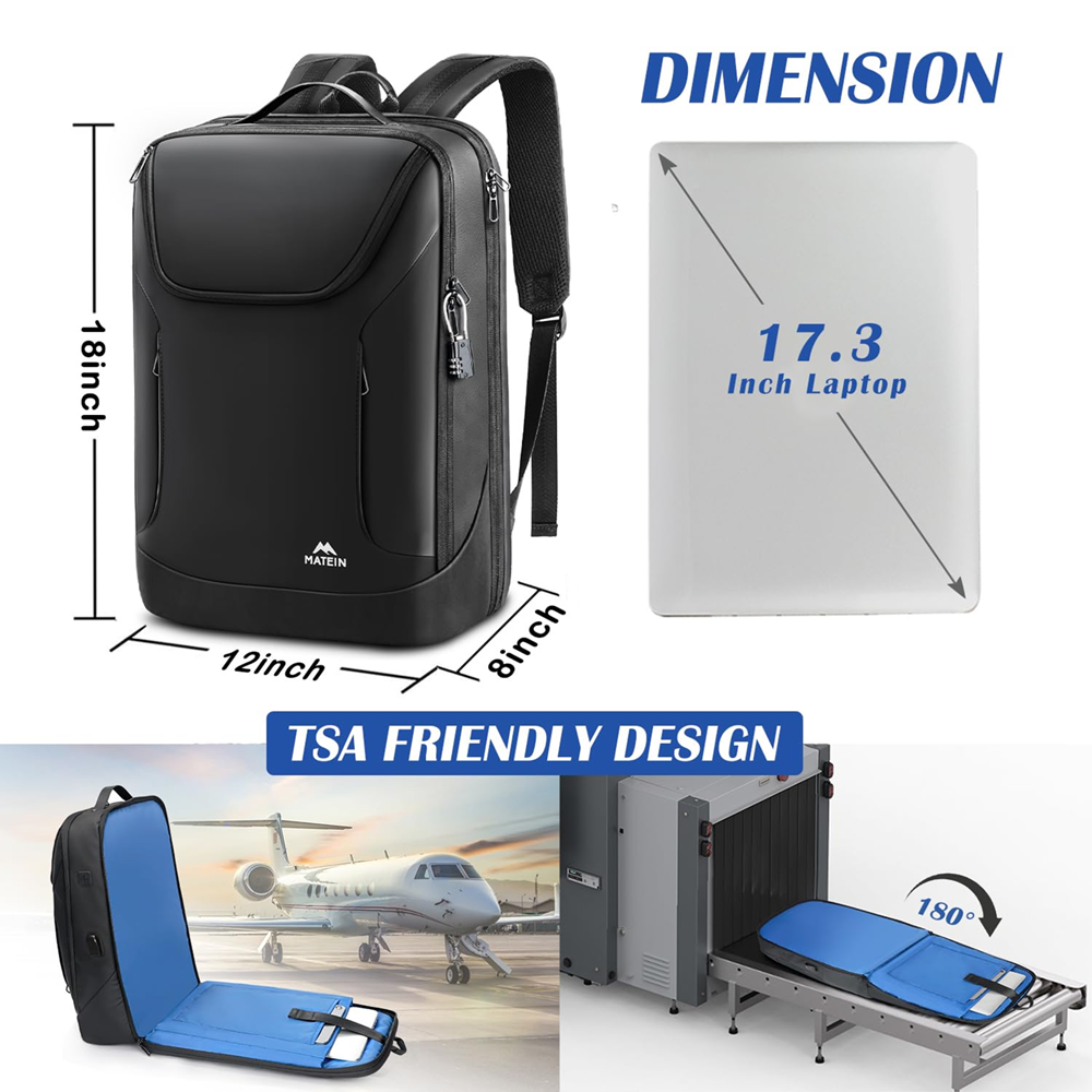 Matein 172200 17" Classic Waterproof Backpack Laptop Bag with Lock & USB Charging Port - Image 7