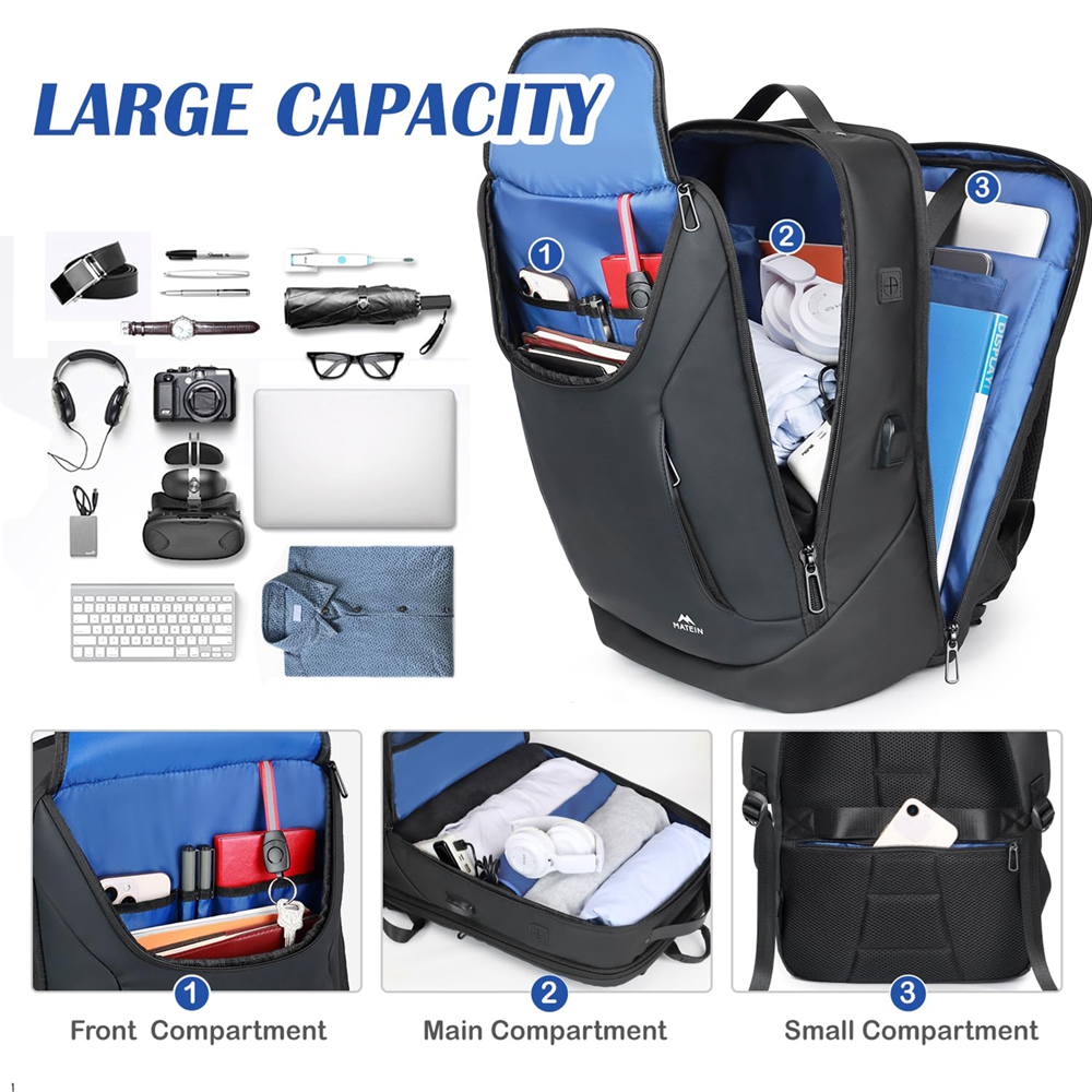 Matein 172200 17" Classic Waterproof Backpack Laptop Bag with Lock & USB Charging Port - Image 2