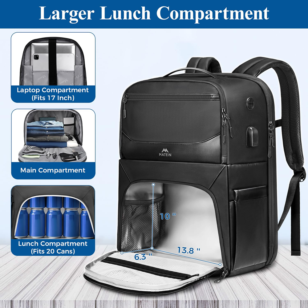 Matein 172600 17" Travel Lunch Compartment Backpack Laptop Bag, Black - Image 3