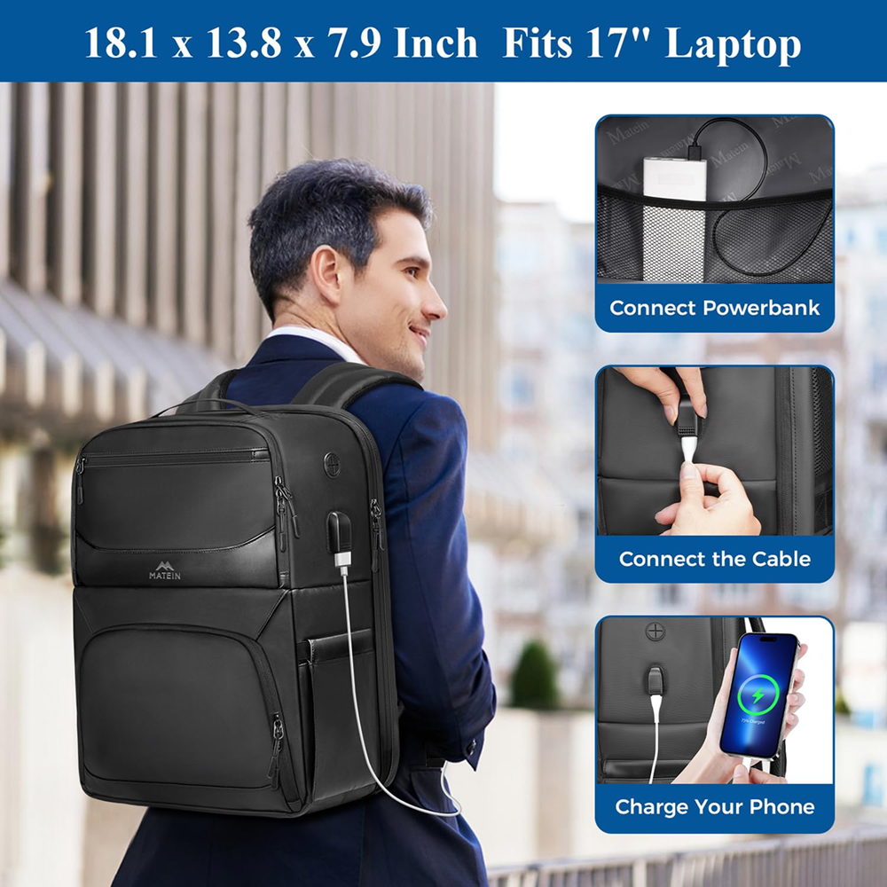 Matein 172600 17" Travel Lunch Compartment Backpack Laptop Bag, Black - Image 7