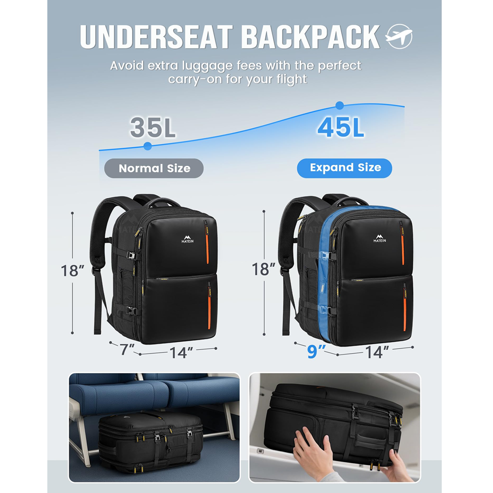 Matein 174600 17" Travel Laptop Backpack Expandable Carry-on Bag, Black - Image 4