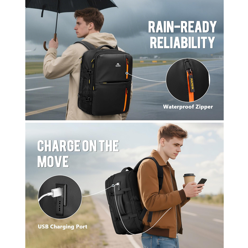 Matein 174600 17" Travel Laptop Backpack Expandable Carry-on Bag, Black - Image 2