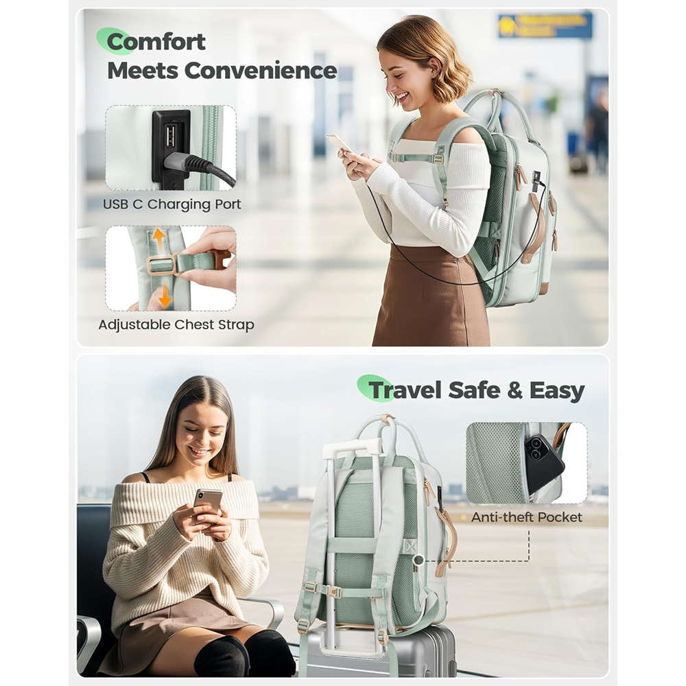 Matein 676000 15.6" Underseat Backpack for Women Laptop Bag, Green - Image 3