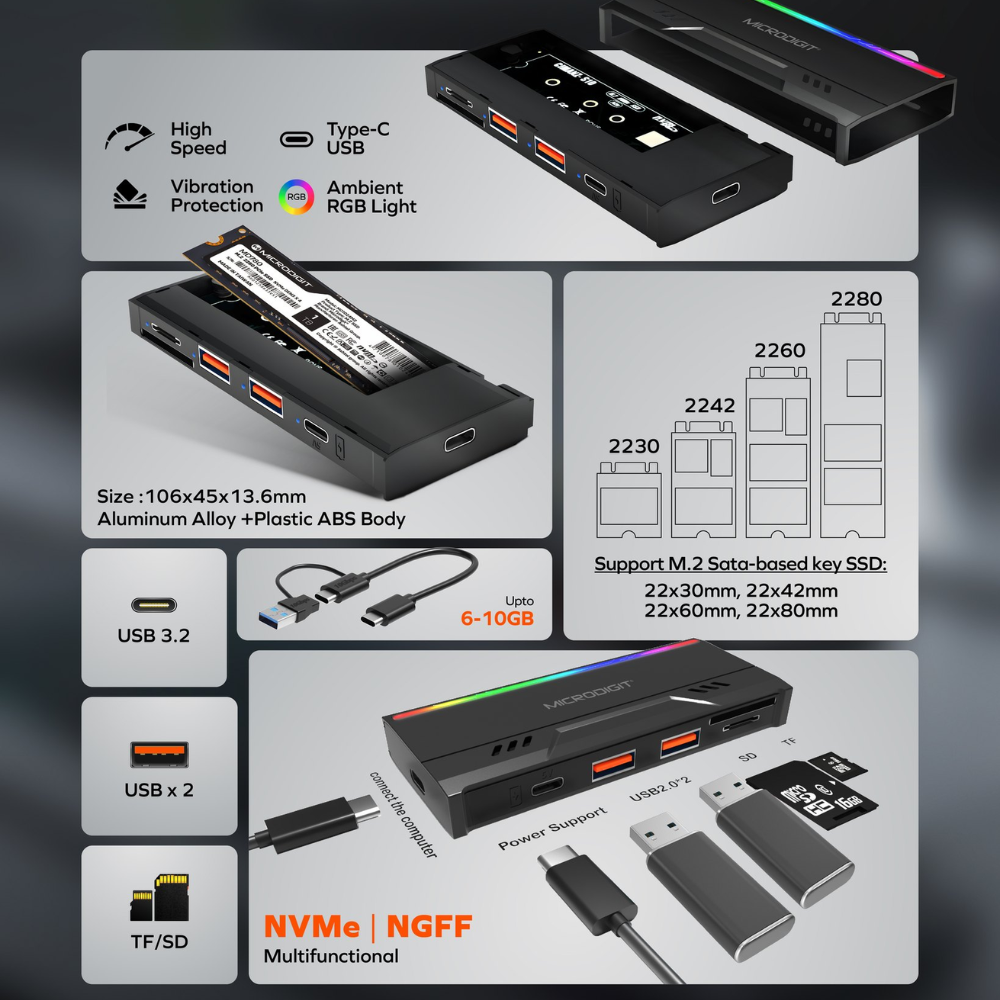Microdigit MT303ME 2in1 M.2 NVMe SSD Enclosure Case with Card Reader - Image 2