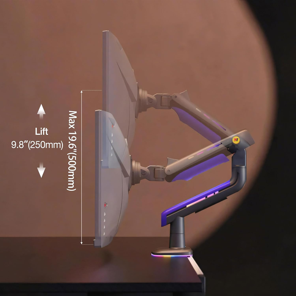 NB G60 Gaming Monitor Arm 32" to 60" Professional Heavy Duty Stand RGB Light (Curved/Flat) - Black - Image 7
