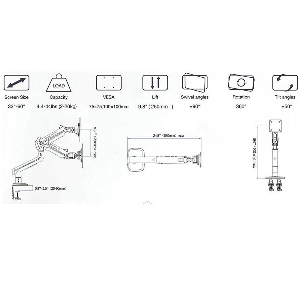 NB G60 Gaming Monitor Arm 32" to 60" Professional Heavy Duty Stand RGB Light (Curved/Flat) - Black - Image 8