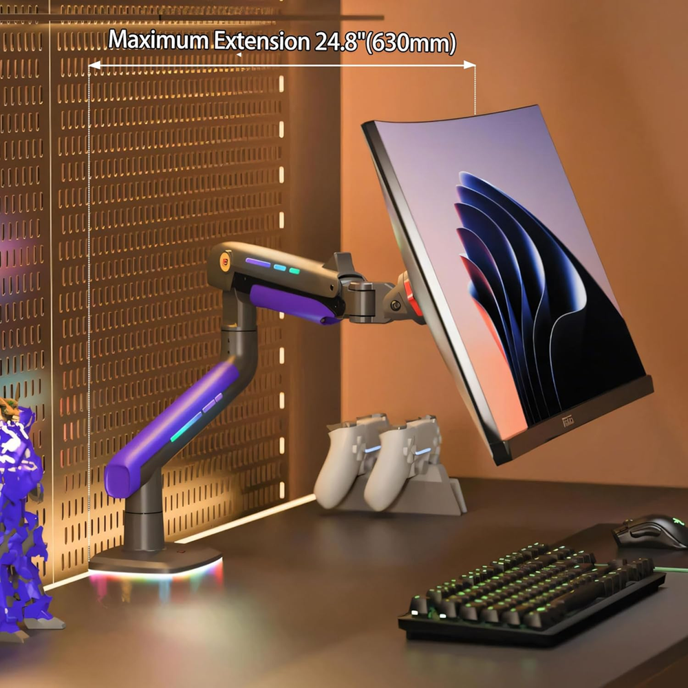 NB G60 Gaming Monitor Arm 32" to 60" Professional Heavy Duty Stand RGB Light (Curved/Flat) - Black - Image 6