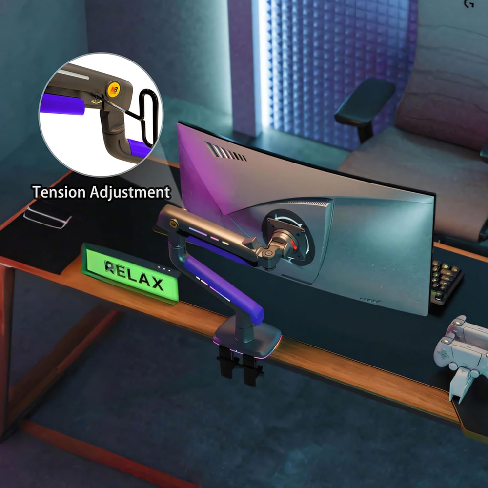 NB G60 Gaming Monitor Arm 32" to 60" Professional Heavy Duty Stand RGB Light (Curved/Flat) - Black - Image 5