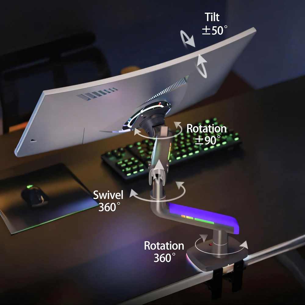 NB G60 Gaming Monitor Arm 32" to 60" Professional Heavy Duty Stand RGB Light (Curved/Flat) - Black - Image 4